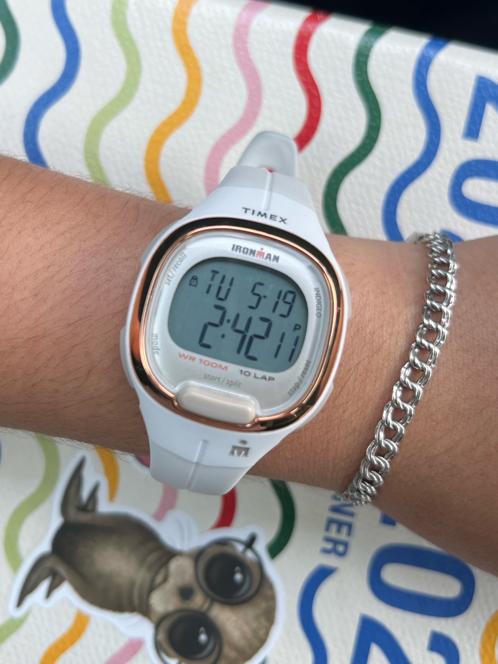 Timex White Digital Ironman Watch with Rose Gold Bezel